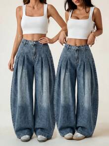 SHEIN PETITE Pantalon en jean à taille haute et jambes larges pour femmes PETITE, pantalon décontracté pour tous les jours & streetwear d'été pour femmes - Jean bleu - Voir 3