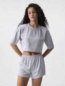 Loungeista Solid Drop Shoulder Top & Shorts Lounge Set Outfit - Grey - View 4