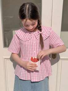 Hapijoa Tween Girl Plaid Peter Pan Collar Short Sleeve Single-Breasted Cute Blouse Summer - Coral Pink - View 6