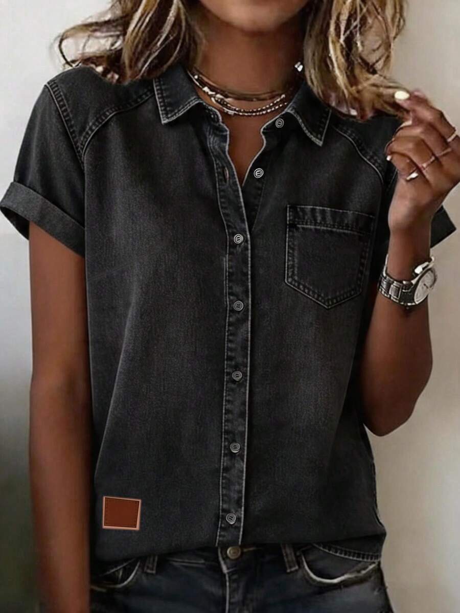 EMERY ROSE Women's Denim Effect Print Short Sleeve Single-Breasted Casual Basic Shirt Travel Black Summer - Black - View 1