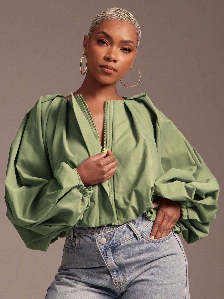 Vixey Lightweight Woven Statement Sleeve Jacket, Bold - Army Green - View 1