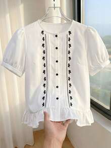 GlowEve CURVE Plus Size Women's Elegant Short Sleeve Round Neck Open Front Embroidered Blouse, Summer Office White - White - View 8