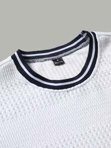 Manfinity Homme Men's Knitted Jacquard Textured Pure White Collar & Cuffs Royal Blue & Off-White Ribbed Neck T-Shirt, Holiday - White - View 4