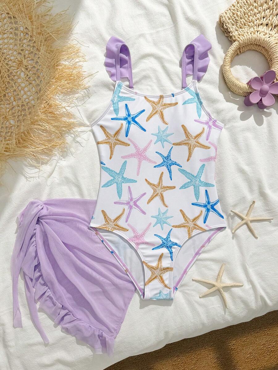 SHEIN Tween Girls' One-Piece Swimsuit, Cute Multi-Color (Pink, Purple, Blue, Yellow) Star Print Knit Fabric, Spaghetti Straps, Solid Purple Ruffle Hem, Regular Fit, Tie Side Skirt, Suitable For Swimming, Summer Vacation, Beach, Pool, Holiday Party - Purple - View 1