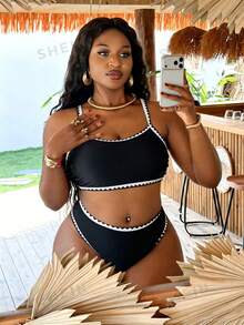 Slaydiva Conjunto de Traje de Baño de 2 Piezas Talla Grande 2026 Nuevo, Atuendo de Vacaciones de Verano en la Playa para Mujeres - Negro - Ver 3
