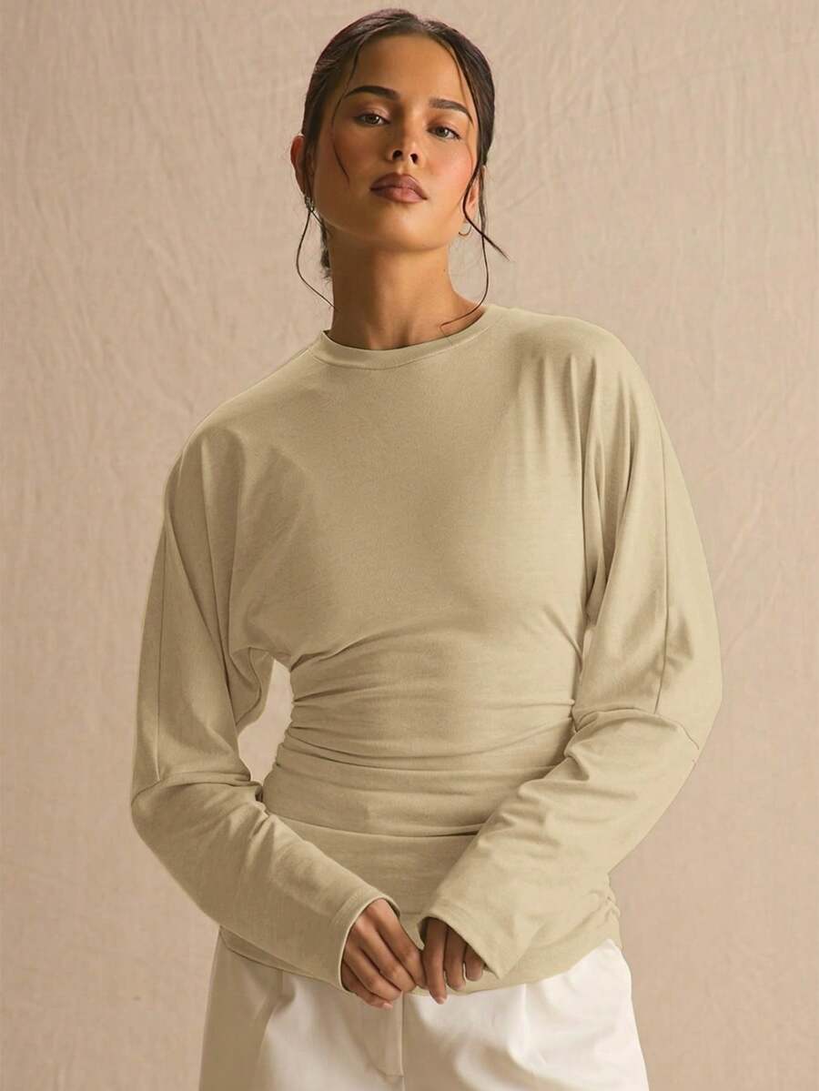 MUSERA Cinched Ruched Waist Batwing Long Sleeve Top Spring Summer Cute Cosy Cottage Core Spring Dew Spring Outfit Office - Khaki - View 1