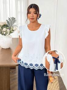 Lounesse Áo kiểu dáng rộng rãi, thanh lịch, họa tiết da báo, tay ngắn, cổ tròn, thắt nơ, phối nhiều mảnh, dành cho người có vóc dáng đầy đặn. - Nhiều màu - Xem 8