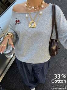 SHEIN EZwear 34%棉女款休閒淺灰色露肩寬鬆長袖運動衫，櫻花印花，女款秋冬服飾 - 灰色 - 查看 4