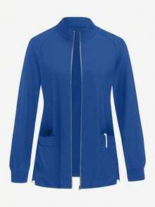 TaskEZ Chaqueta de uniforme de enfermería minimalista de unicolor con cremallera, cuello alto y manga raglán - Azul menta - Ver 1