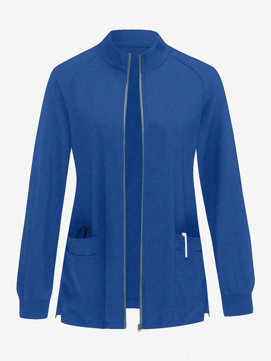 TaskEZ Chaqueta de uniforme de enfermería minimalista de unicolor con cremallera, cuello alto y manga raglán - Azul menta - Ver 1
