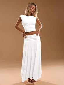 SHEIN BAE Women's Solid Color Casual Sleeveless Tank Top And Skirt Set - White - View 7