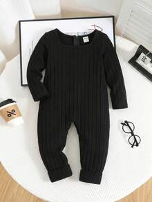 SHEIN Young Girl Knit Solid Color Square Neck Fitted Casual Jumpsuit - Black - View 2