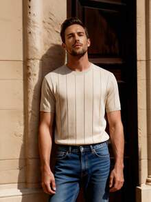 Officeau Men's Solid Color Short Sleeve Knit Vertical Striped Crew Neck Top - Apricot - View 9