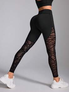 Easithlete Quần legging nữ cạp cao phối mảng lưới hình học, quần legging tập luyện lưới xuyên thấu đan chéo gợi cảm, quần yoga nâng mông & kiểm soát bụng - màu đen - Xem 6