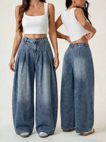 SHEIN PETITE Pantalon en jean à taille haute et jambes larges pour femmes PETITE, pantalon décontracté pour tous les jours & streetwear d'été pour femmes - Jean bleu - Voir 2