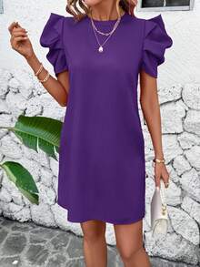 SHEIN Clasi Women's Solid Color Round Neck Short Puff Sleeve Casual Short Dress - Purple - View 4