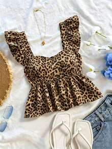 SHEIN Franclia Blusa Casual de Manga Curta com Babado na Barra e Estampa de Leopardo para Mulheres INS, Ideal para Férias - Café - Visão 3