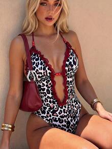 Bonvoyette Brown Polka Dot Random Print Deep V Spaghetti Strap Round Bead Trim Ruffled Mesh Edge Casual Cute Beach Bikini One-Piece Swimsuit For Women, Spring/Summer - Multicolor - View 3