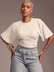 Vixey Flutter Sleeve Ruched Waist Top, Daily Basic - Apricot - View 1