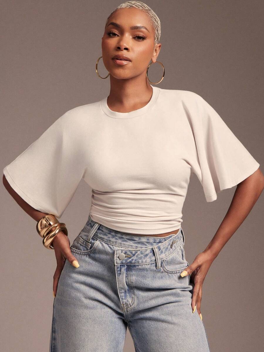 Vixey Flutter Sleeve Ruched Waist Top, Daily Basic - Apricot - View 1