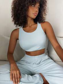 DAZY 2 Stück/Set Damen Geripptes Kurzes Trägertop und Lange Gerade Bein Pyjama Hose Schlafanzug Set, Sommer - Blau - Übersicht 1