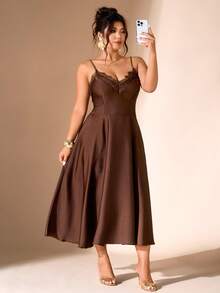 Cravure Plus Size Women's Satin & Contrast Lace Spaghetti Strap Cinched Waist Elegant Formal Dress - Brown - View 7