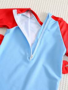 SHEIN Baby Boy Cute Crab Pattern Long Sleeve Rash Guard Swimsuit,Light Blue,Summer,Cute,Vacation,Holiday Contrast Color Striped Bathing Suit For Toddler - Multicolor - View 9