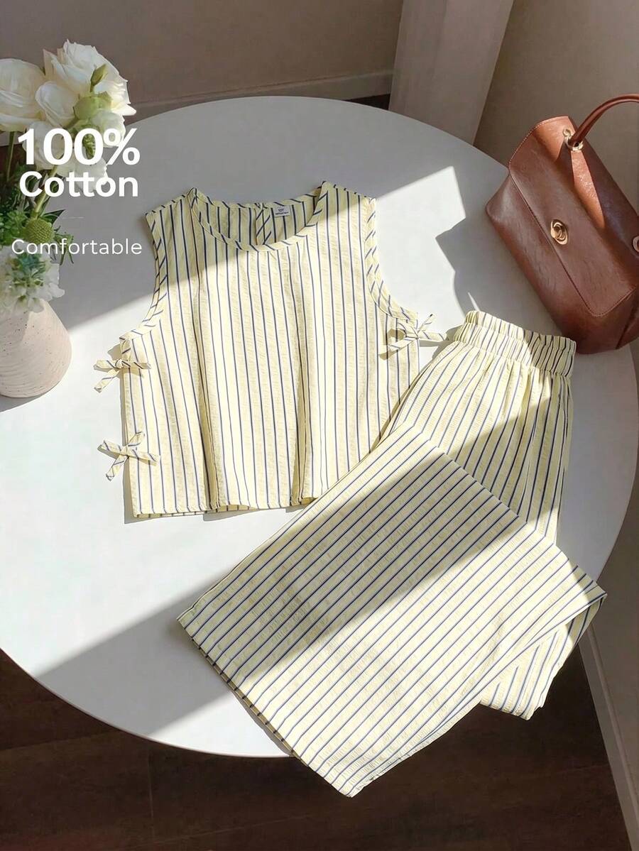 SHEIN 2pcs/Set Tween Girls Striped Tank Top And Loose Pants, Casual Daily Fashion Versatile Outfit - Yellow - View 1