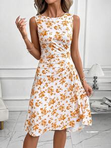 SHEIN Clasi Váy nữ họa tiết hoa cổ tròn xếp ly phong cách thường ngày không tay - trái cam - Xem 5