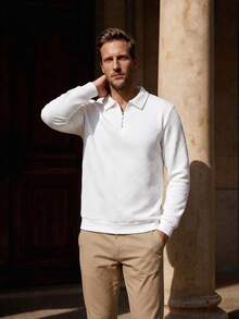 Officeau Men's Half-Zip Knit Polo Sweatshirt, Jacquard Textured Pullover, Casual Vacation Spring Autumn Wear - White - View 6