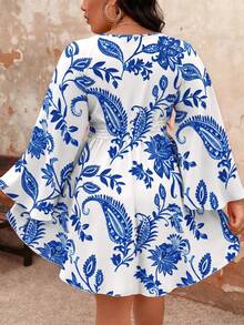 EMERY ROSE Plus Size Women's Spring/Autumn Beach Vacation Style Paisley Print Deep Shirred Flared Sleeve Shirred Waist Dress Fall - Blue and White - View 2