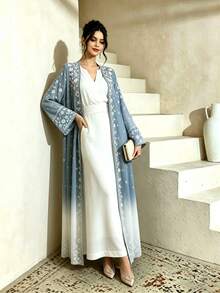 SHEIN Najma White Ditsy Floral Maxi Abaya Dress, Elegant Long Sleeve Cardigan Outerwear For Spring & Autumn, Ombre Blue Floral Pattern Robe, Arabic Style Clothing - Multicolor - View 4