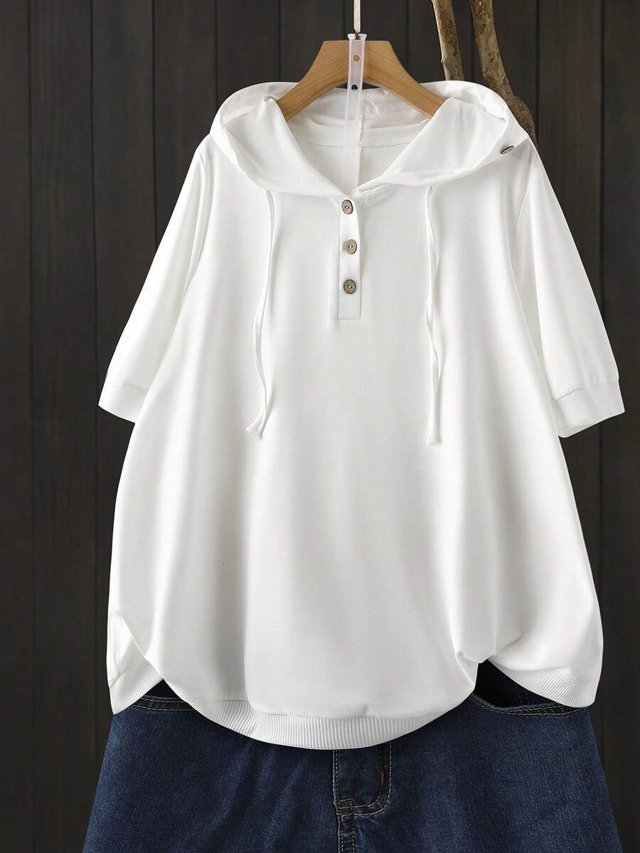 SHEIN Sweatshirt Hoodie Kancing Kayu Satu Baris Minimalis Mewah Ukuran Plus untuk Wanita, Cocok untuk Aktivitas Sehari-hari dan Perjalanan Santai - Putih - View 1