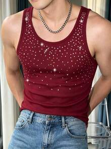 Manfinity Dauomo Men's Rhinestone Embellished Sleeveless Tank Top Mens Tank Top Tank Top For Men Rhinestone Tank Top Burgundy Tank Top Streetwear Sparkle Tank Top - Burgundy - View 6
