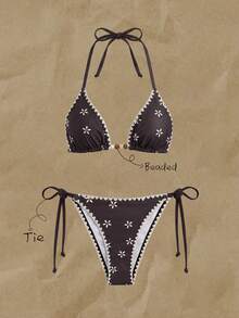 Elavelle Conjunto de bikini de mujer con estampado aleatorio, cuello halter con lazo, decoración con cuentas y acabado de ganchillo, para primavera/verano - Multicolor - Ver 4