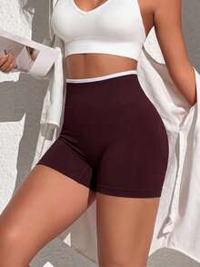SHEIN Core Rhythm 女款無縫咖啡棕色與白色對比腰帶運動短褲 騎行短褲 - 咖啡棕 - 查看 8