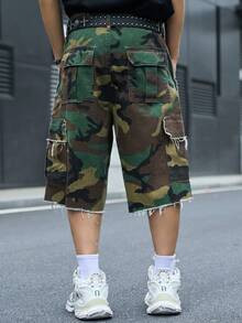 PAVTROS Men's Casual Streetwear Multi-Pocket Distressed Frayed Hem Camouflage Denim Shorts - Army Green - View 2