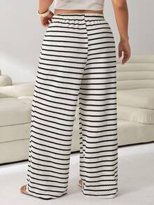 Solflare Pantalones casuales con cordón a rayas blancas y negras, versátiles para otoño/invierno, talla grande - Multicolor - Ver 2