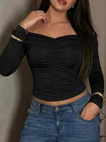 Dazy Plus Plus Size Solid Color Off Shoulder Ruched Fitted T-Shirt - Black - View 5