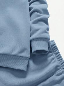 SHEIN 小男孩休閒寬鬆舒適圓領字母圖案套頭上衣 & 抽繩長褲套裝 - 霧霾藍 - 查看 5