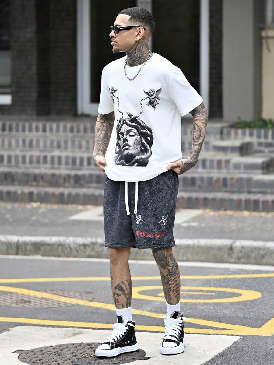 Devon Thys 2 件套男士肖像和口号图案印花休闲圆领短袖 T 恤和抽绳腰短裤,夏季街头风格 - 彩色 - 查看 1