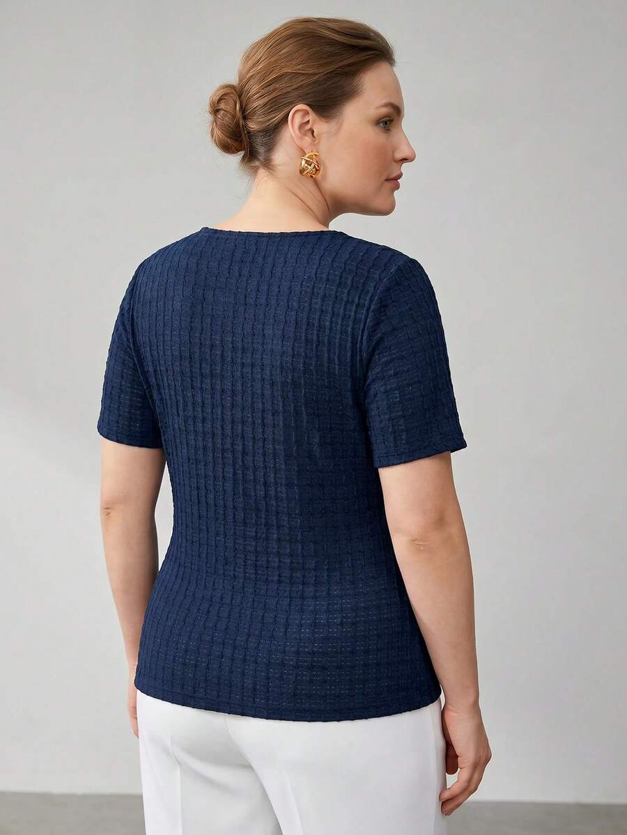 MOTF PREMIUM PLUS SIZE ASYMMETRIC NECKLINE ELASTIC KNIT T-SHIRT, SUMMER - Navy Blue - View 2