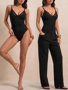 Silquee Mono deportivo sexy de verano con tirantes finos de color liso - Negro - Ver 6