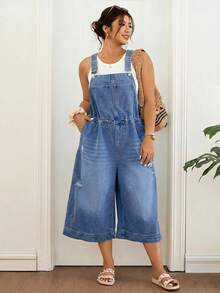 Lounesse Jumpsuit Denim Serbaguna untuk Wanita Ukuran Plus dengan Kantong dan Tali Serut, Potongan Longgar dan Lebar. - Medium Wash - View 8