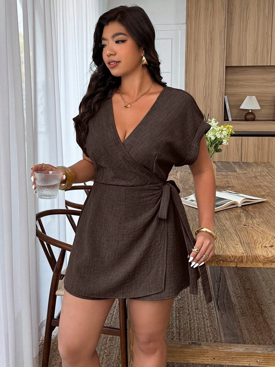 Weeklong Women's Plus Size Spring/Summer Casual Cinched Cinched Waist V-Neck Jumpsuit, Suitable For Daily And Vacation Wear - Brown - View 1