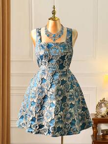 Rometta Plus Size Women's Short Dress,3D Metallic Fabric,Bowknot Backless,A-Line Silhouette,Elegant,Summer,Blue,Birthday,Party,Commute,Green Summer Vacation - Blue - View 7