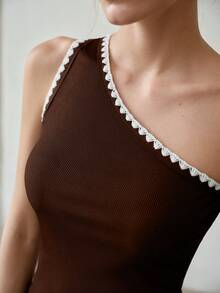MOTF PREMIUM WOMEN'S SUMMER CASUAL VACATION CONTRAST TRIM ONE SHOULDER FITTED TOP - Brown - View 3