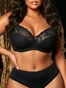 Divavoom 1pc Plus Size Lace Patchwork Wireless Bra - Black - View 3