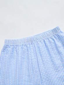 SHEIN 2件/套 青少年女孩夏季新款休閒編織條紋 2合1 短袖寬鬆襯衫與極簡條紋收腰寬鬆直筒長褲，日常出遊度假休閒套裝 - 藍色 - 查看 5