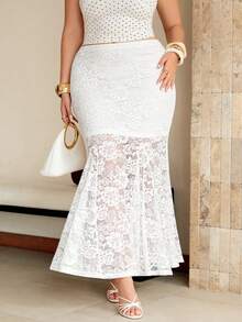 Roveilla Falda larga elegante de encaje con cola de sirena para mujer talla grande, primavera verano - Blanco - Ver 6
